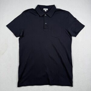 Sunspel Polo Shirt Mens Medium Navy Blue Pique Cotton Chest Pocket Casual Knit
